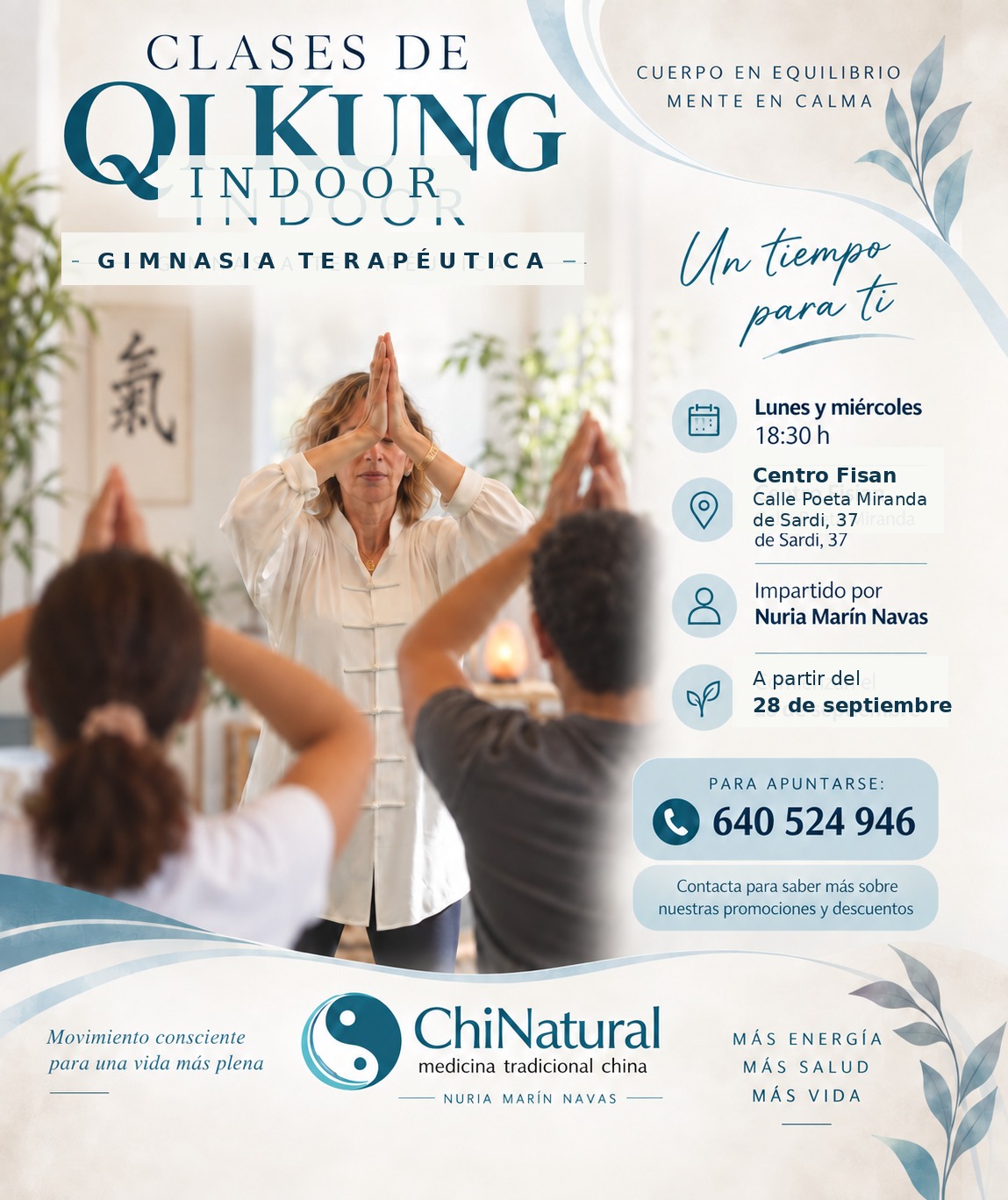 Cartel informativo de clases de QiKung impartidas por Nuria Marín Navas